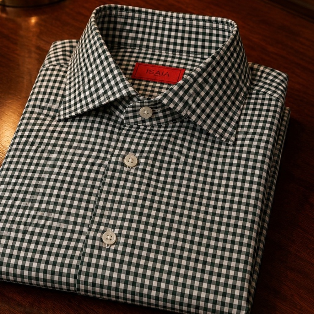 ISAIA Green and White Gingham Button-Down Shirt